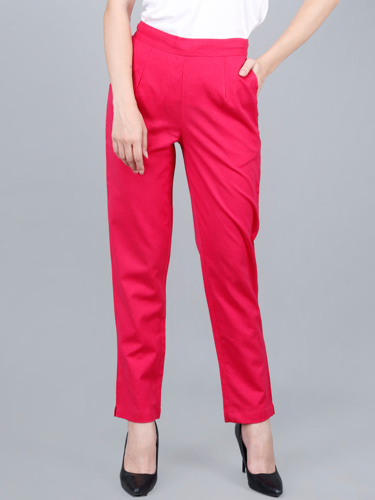 Jaipur Ethnic Women's Regular Fit Non Stretchable Cotton Linen Mid Rise Pleated Trouser Pants with Half-Elasticated Waistband and Both Side Deep Pockets with Adjustable Drawstring for Office School Formal Casual Daily Use Rani Pink