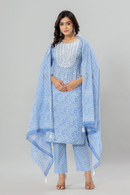 Jaipur Ethnic Blooming Blue Striaght Cotton Kurta Pant Dupatta Set with Pocket