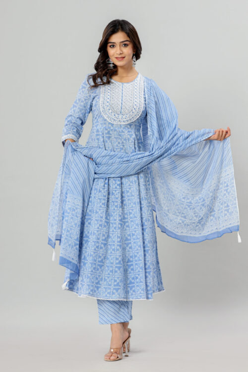 Jaipuri Ethnic Blue Breeze Anarkali Kurta Pant Dupatta Set with Pocket