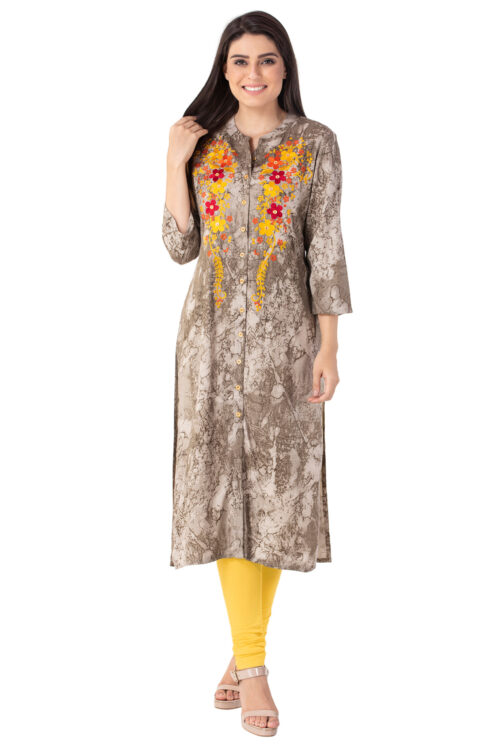 Jaipur Ethnic Rayon Marble Print Kurta with Beautiful Multicolour Embroidery