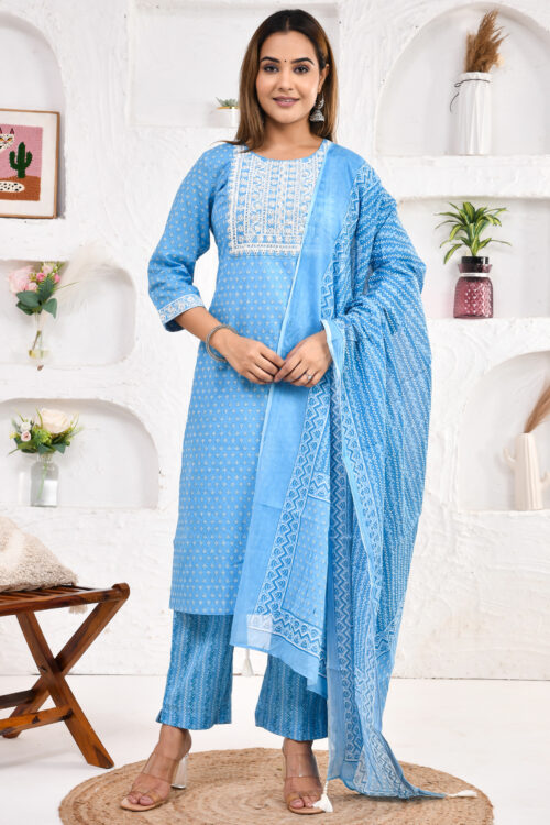 Jaipur Ethnic Season’s Delight Straight Fit Cotton Kurta Pant Dupatta with Pocket