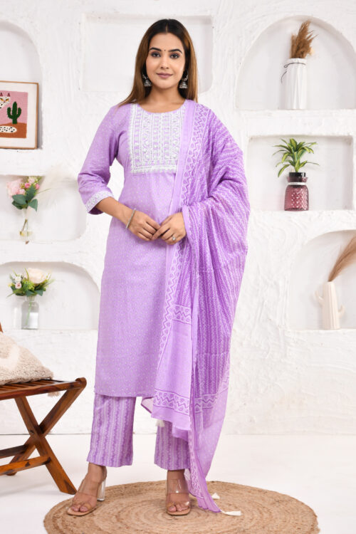 Jaipur Ethnic Pure Cotton Cambric 60×60 Embroidery Straight Kurta Pant Dupatta with Pocket