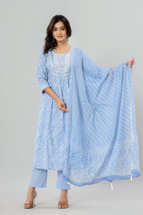 Jaipur Ethnic Naira Cut Blue Cotton Kurta Pant Dupatta Set