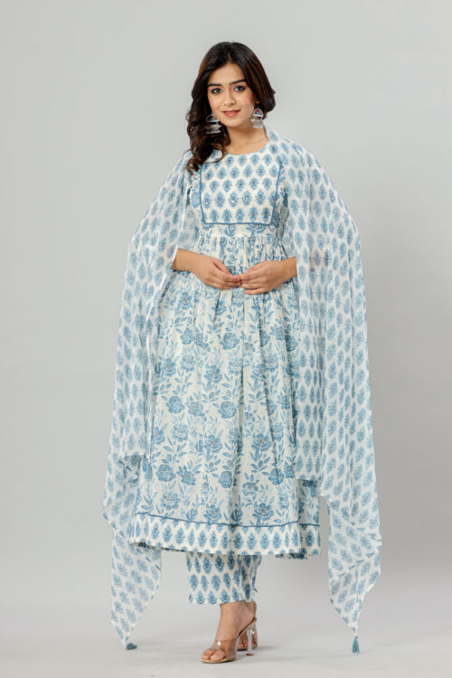 Jaipur Ethnic Blue Floral Anarkali Kurta Pant Dupatta Set with Pocket