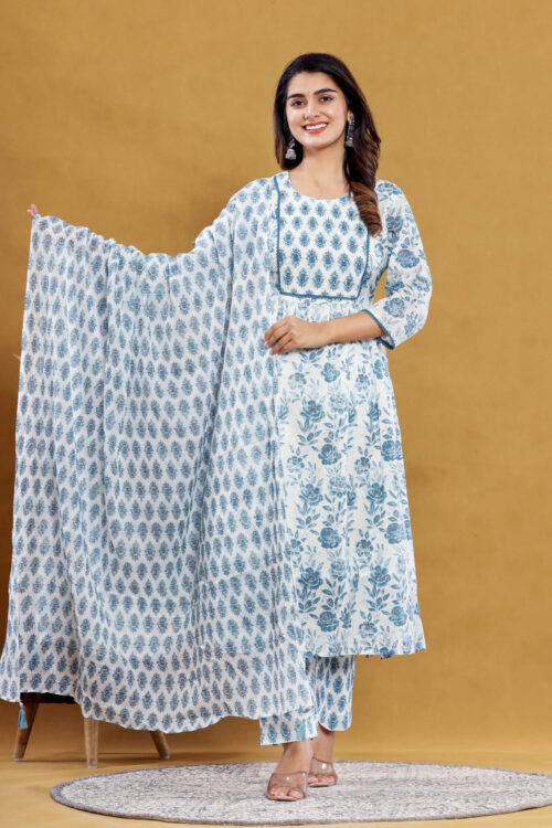 Jaipur Ethnic Blue Floral Naira Cut Kurta Pant Set with Dupatta